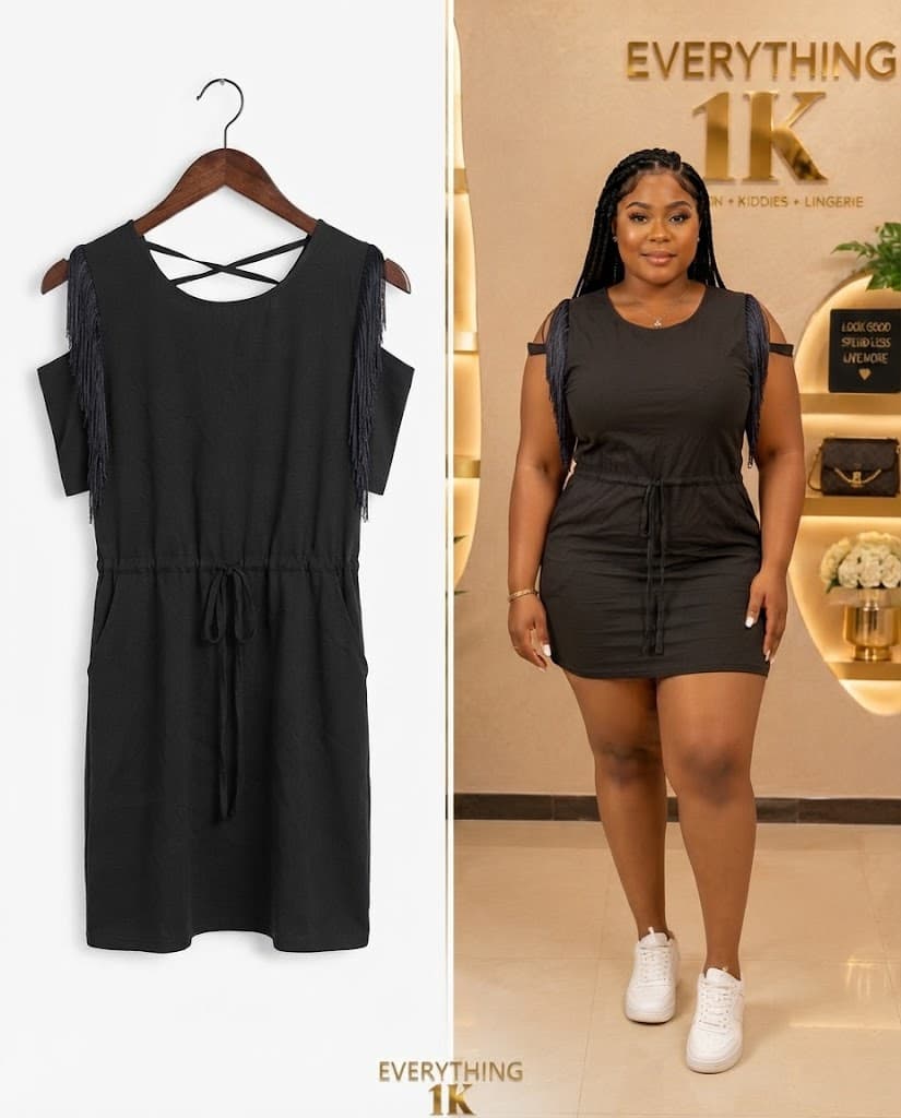 Black Cold-Shoulder Fringe Dress