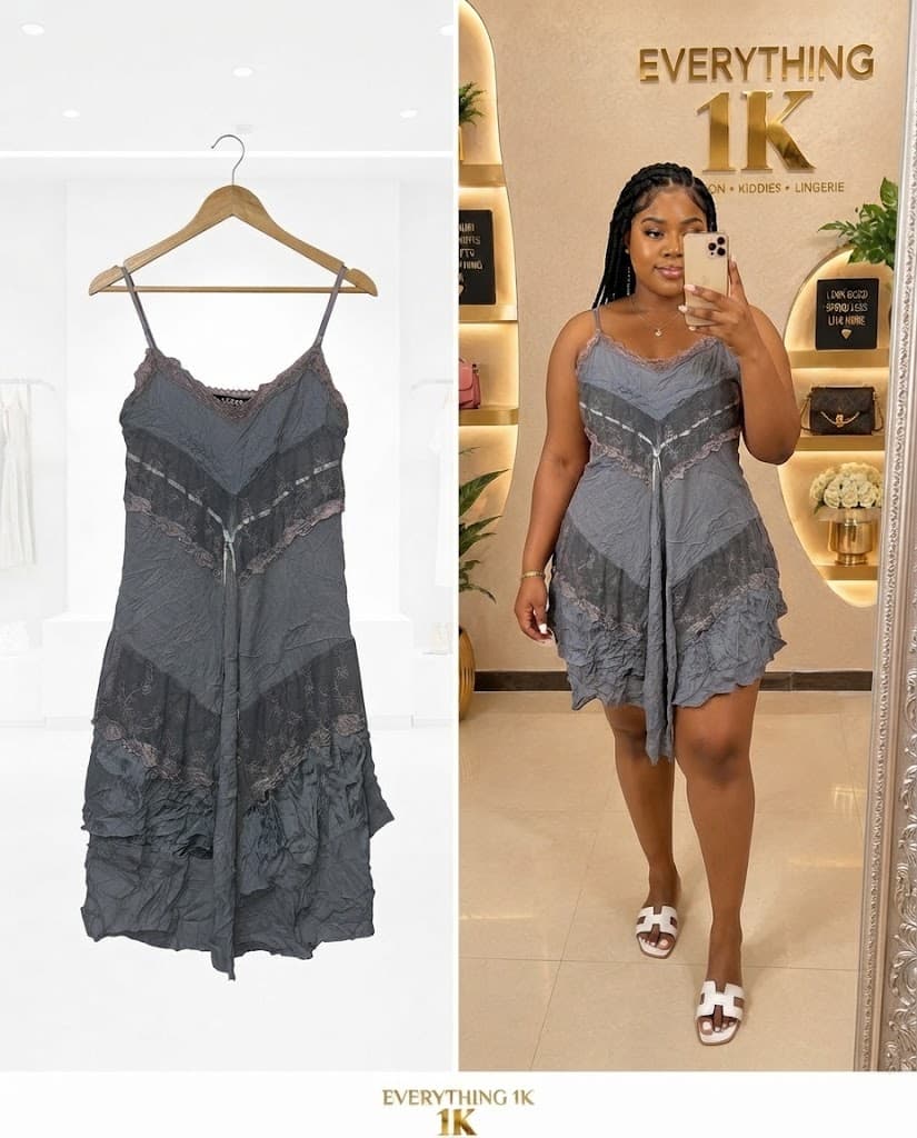 Charcoal Grey Lace-Trimmed Mini Dress