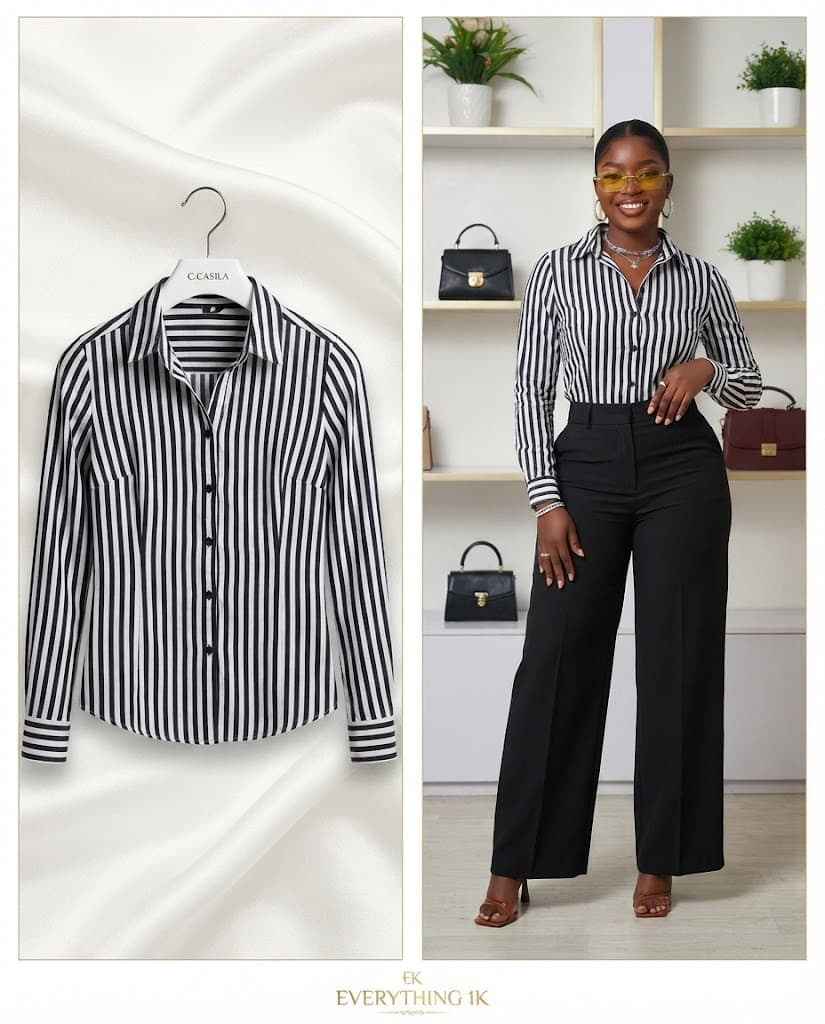 Corporate/Casual Black and White Striped Long-Sleeve Button-Down Shirt