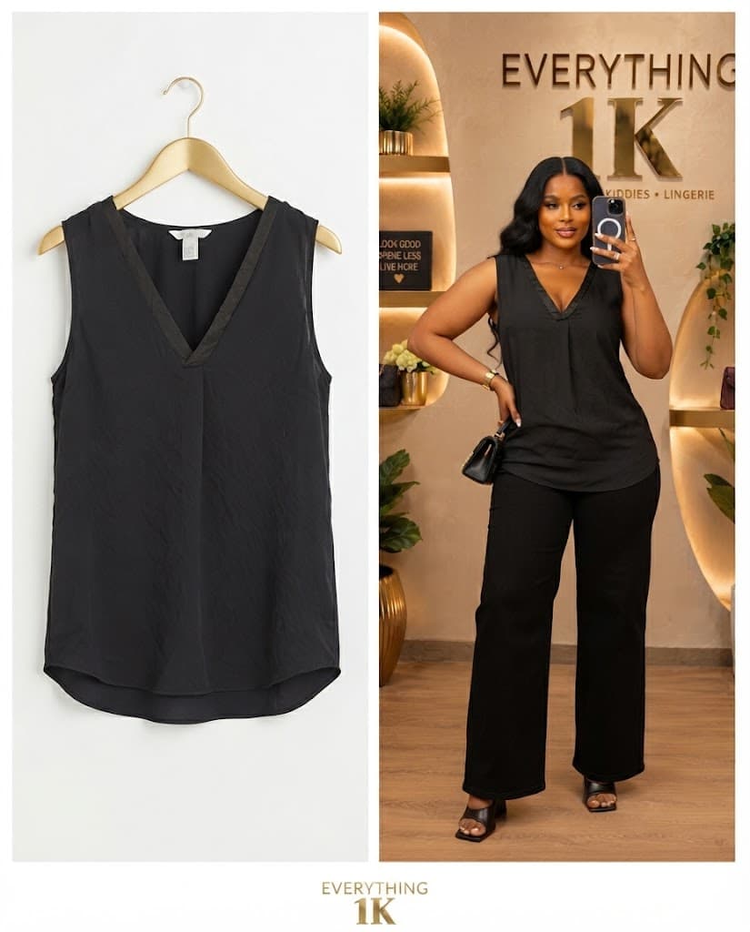 Casual Black V-Neck Satin-Trim Tank Top