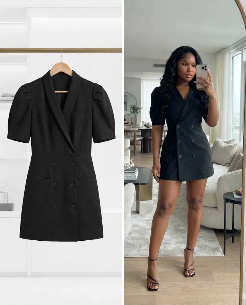Black Short-Sleeve Double-Breasted Blazer Mini Dress