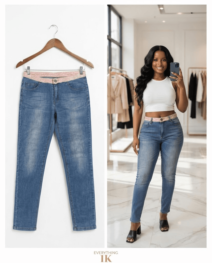Pink Patterned Waistband Straight-Leg Jeans