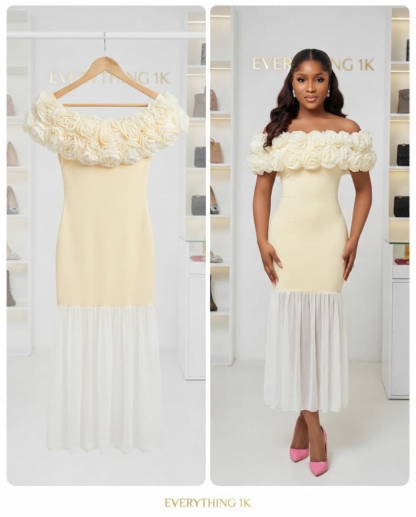 Cream & Ivory Off-Shoulder Rose Midi Dress