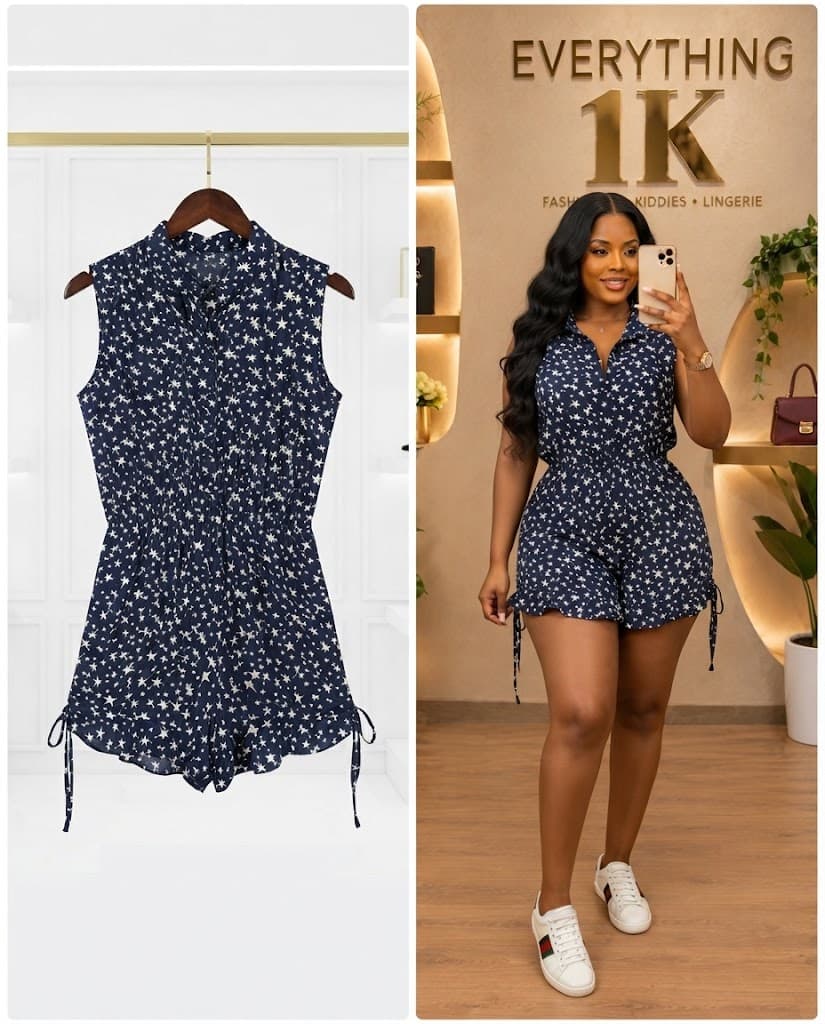 Navy Blue Star-Print Drawstring Romper