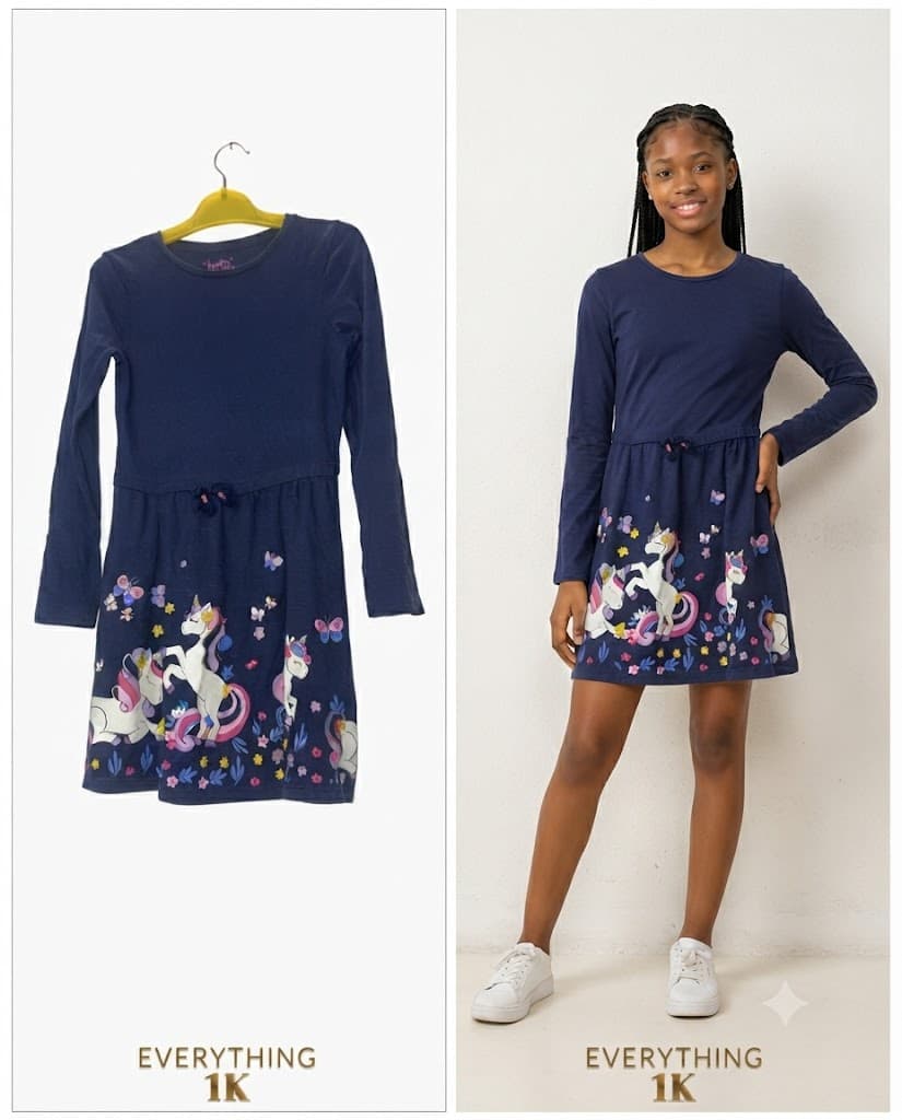 Preloved girls Long-Sleeve Unicorn Graphic Dress/gown 8-10 years