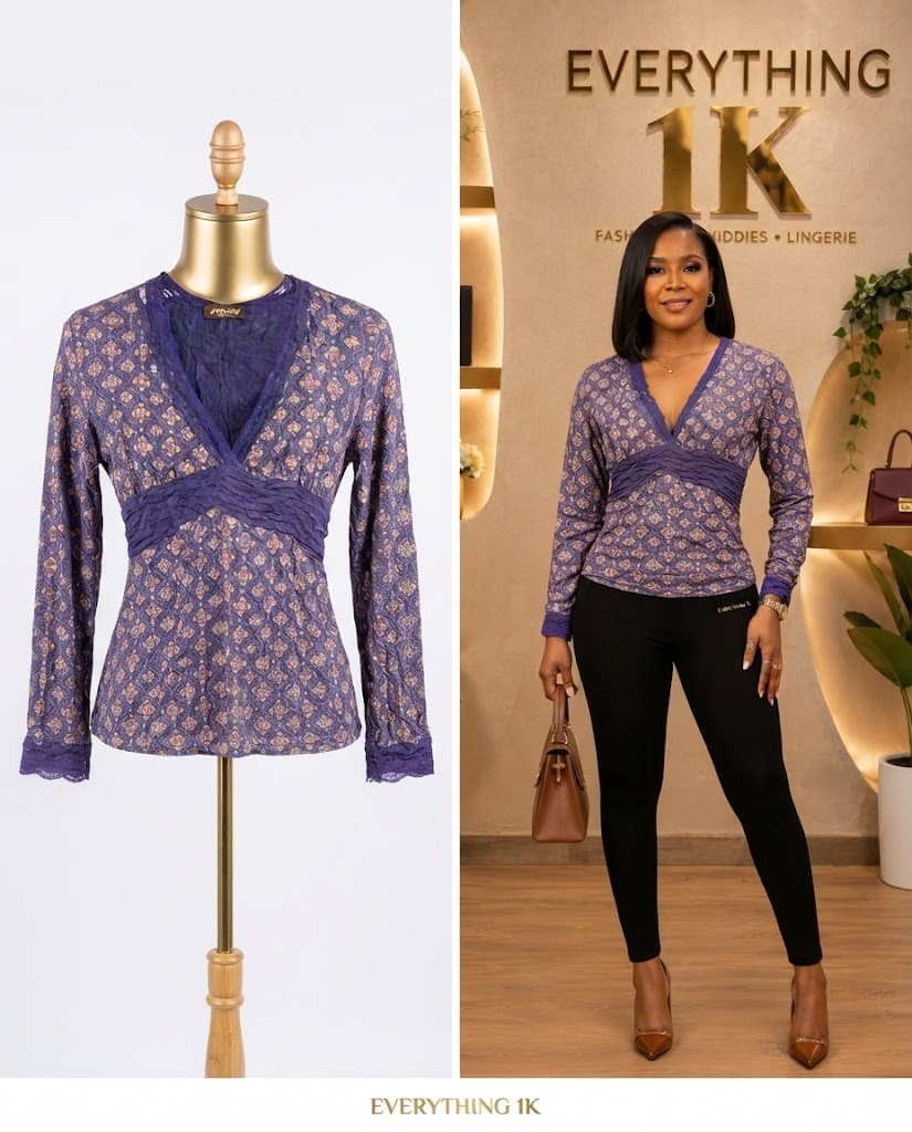 Purple Patterned Lace-Trimmed Corporate Blouse