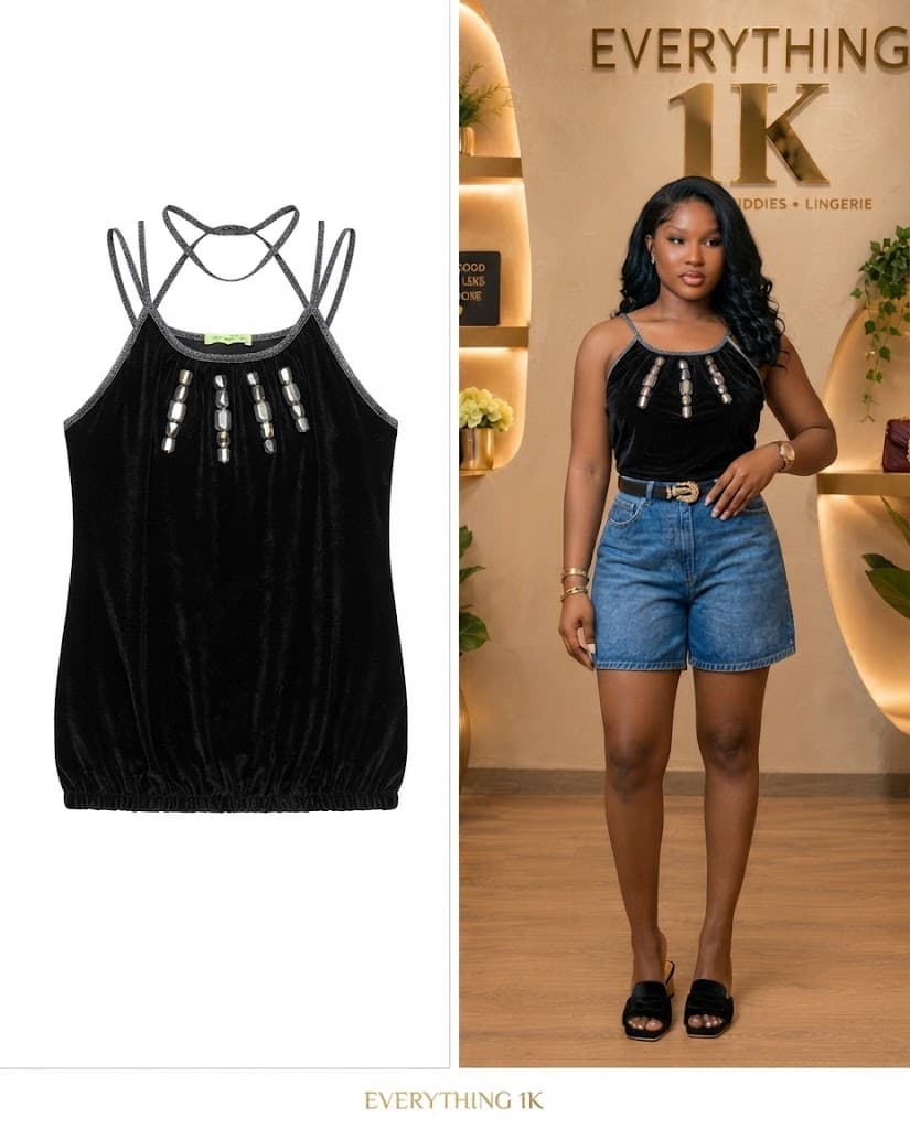 Black Velvet Beaded Halter Top