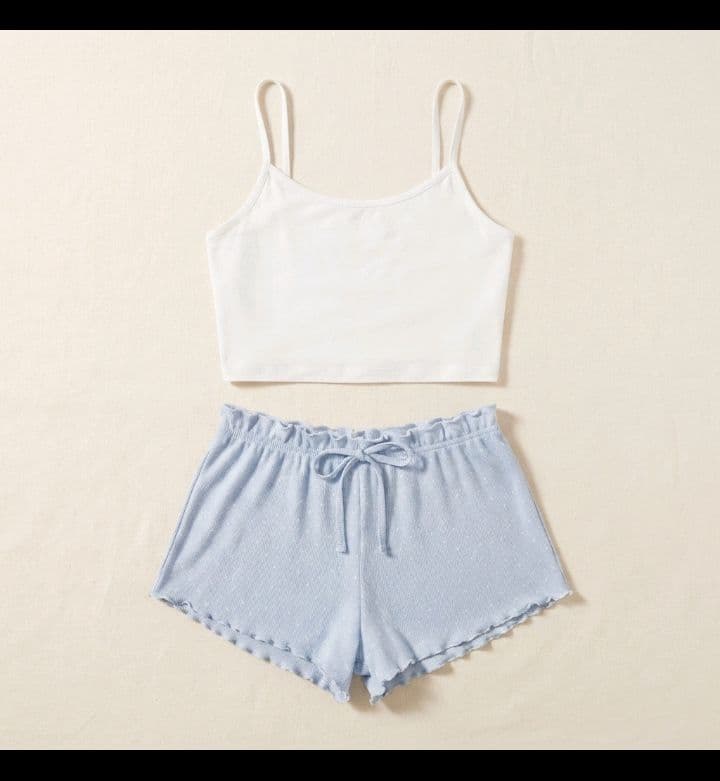 White Bandeau Top & Blue Gingham Pajama Shorts Set