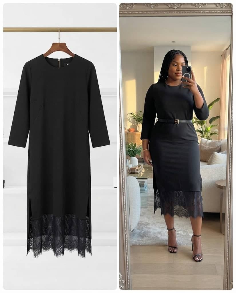 Black Midi Dress With Sheer Lace Hem
