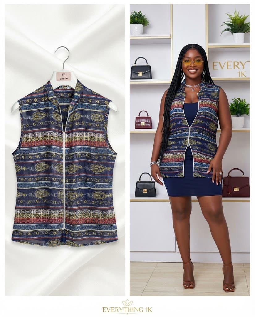Corporate/Casual Blue Patterned Front-Zip Sleeveless Vest