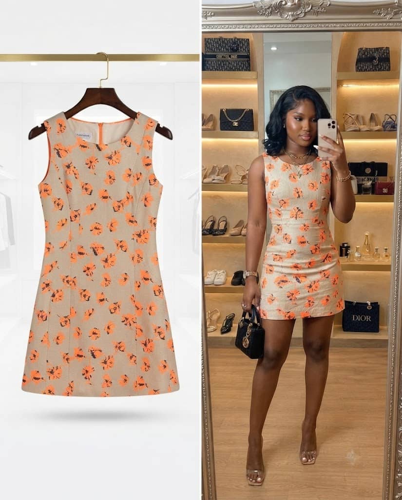 Cream and Orange Floral Pattern Sleeveless Mini Dress