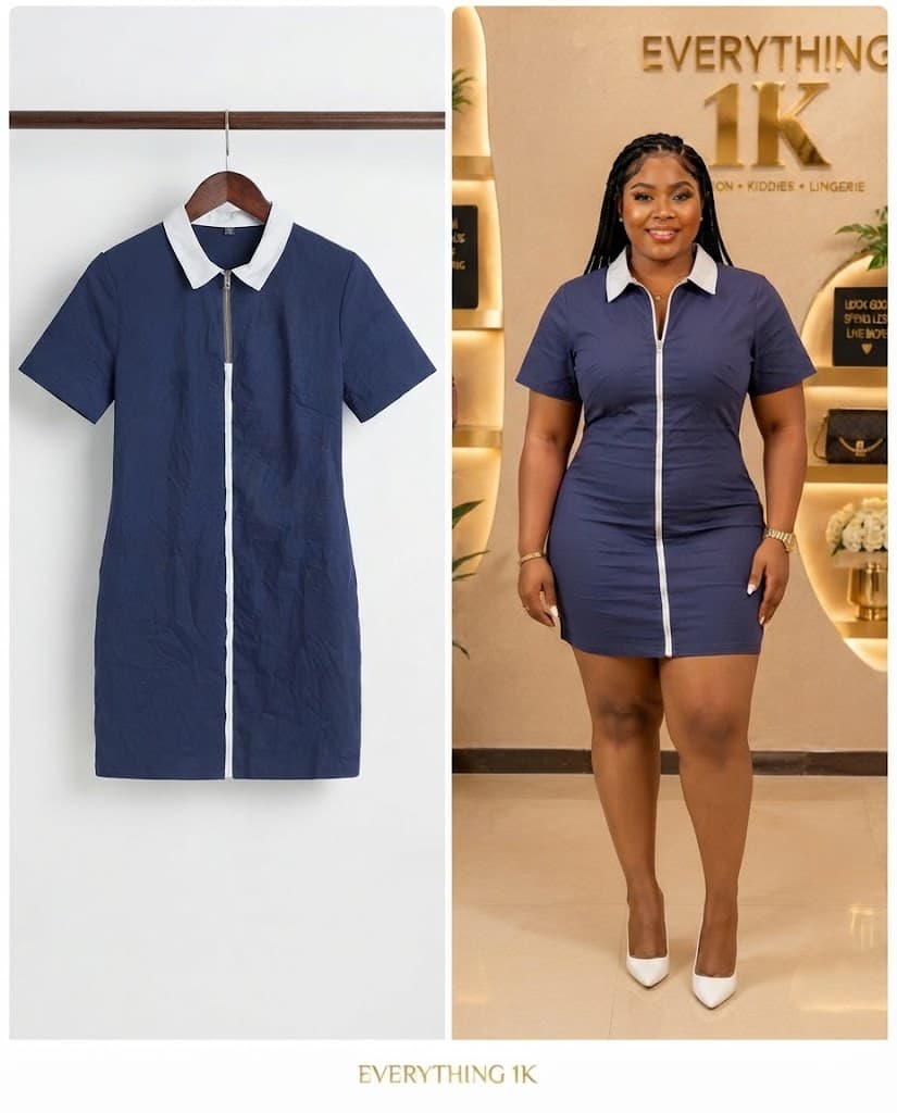 Navy Blue Zip-Front Collar Dress