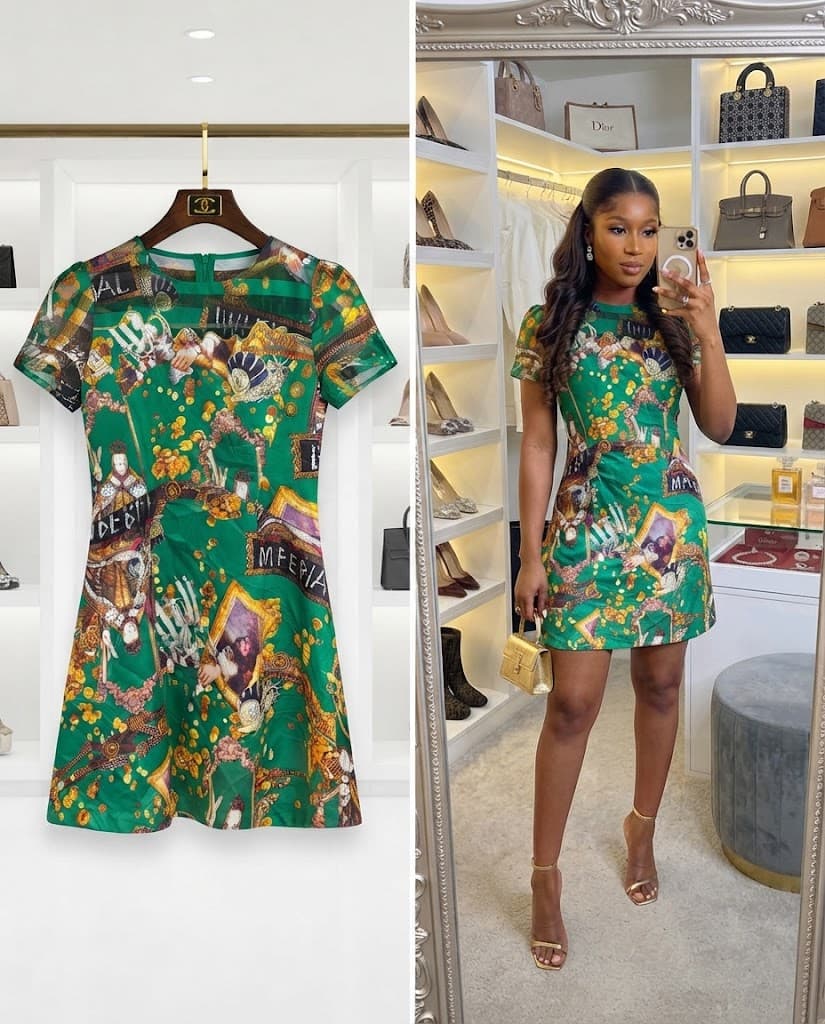 Green Art Print Short-Sleeve Mini Dress