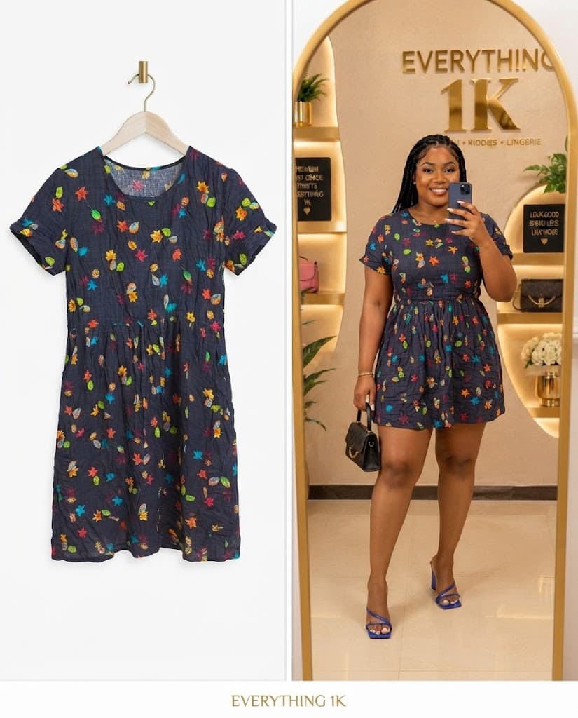 Navy Blue Floral Print Short-Sleeve Midi Dress
