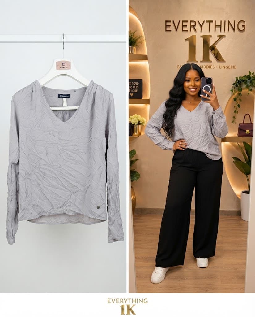 Casual Grey Crinkled V-Neck Long-Sleeve Top