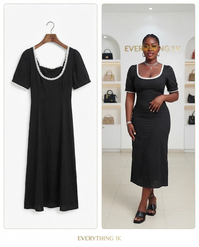 Black Square-Neck White Lace-Trim Midi Dress