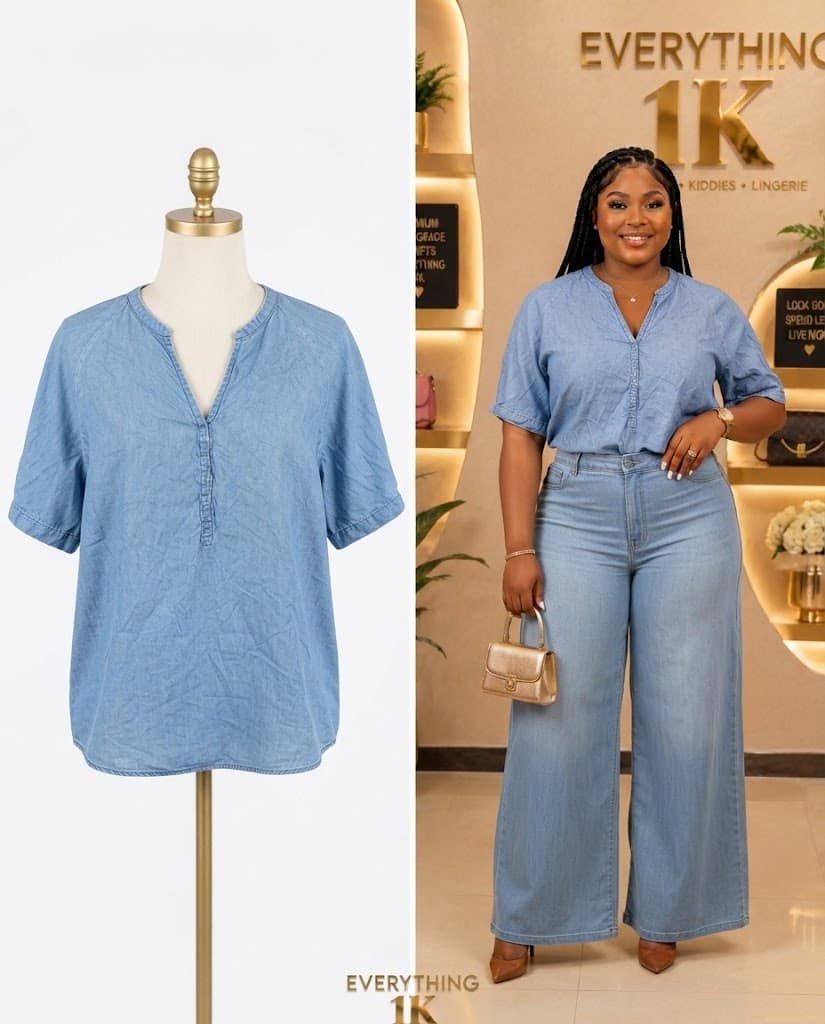 Light Blue Denim Corporate Henley Blouse
