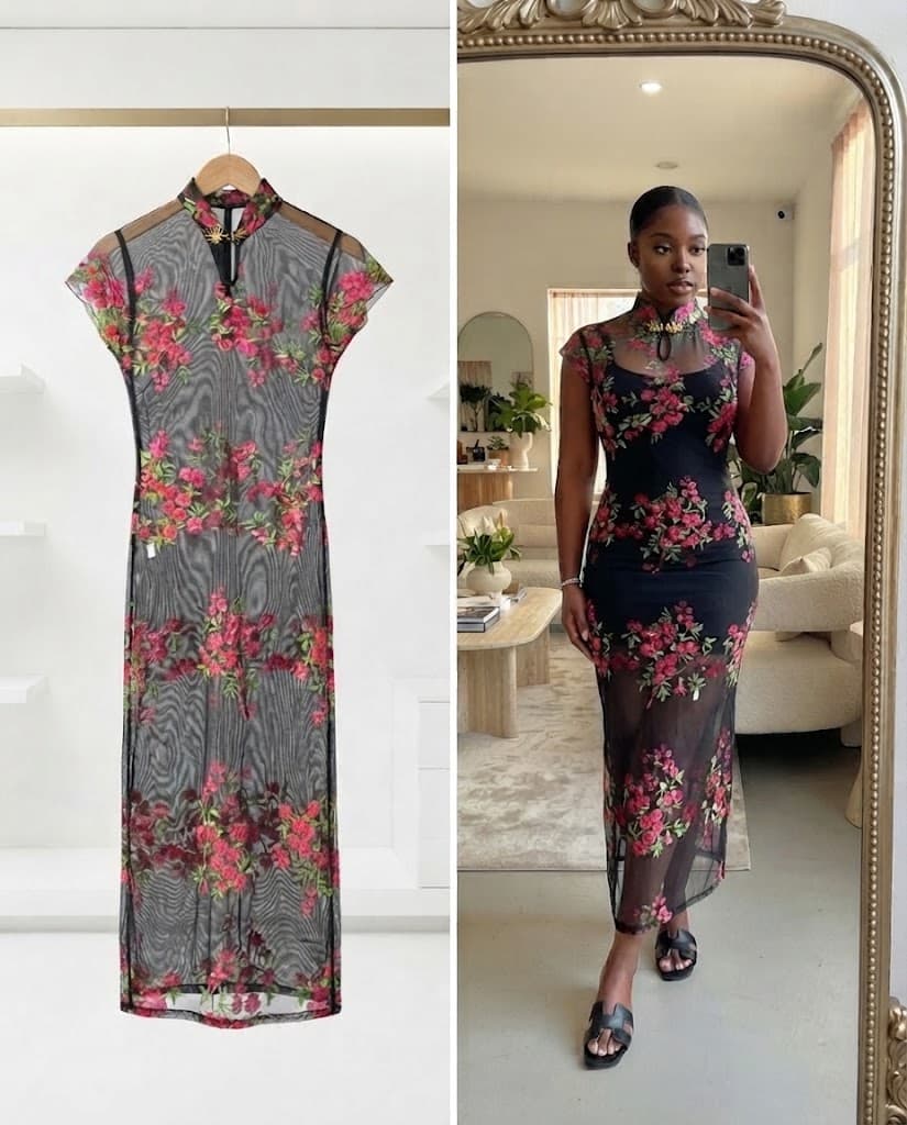 Black and Pink Floral Embroidered Mesh Cheongsam Maxi Dress