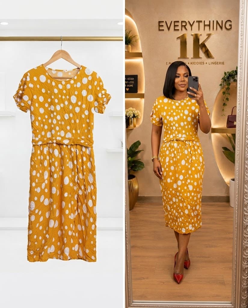 Mustard Yellow Polka Dot Casual Midi Dress