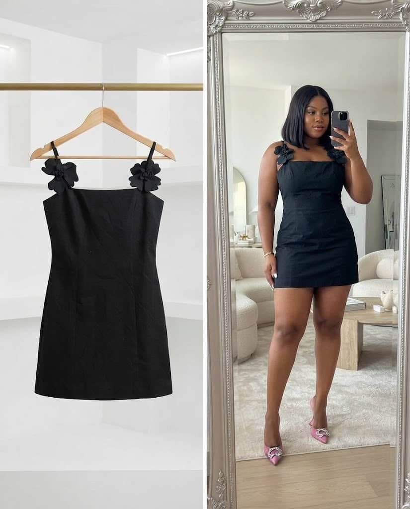 Black Sleeveless Mini Dress With 3D Floral Straps