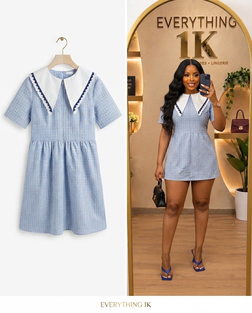 Light Blue Plaid Short-Sleeve Dress with Oversized Collar