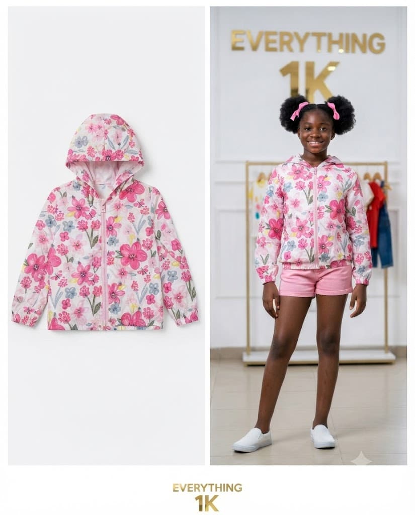 Girls Pink Floral Hooded Windbreaker 7-9 Years