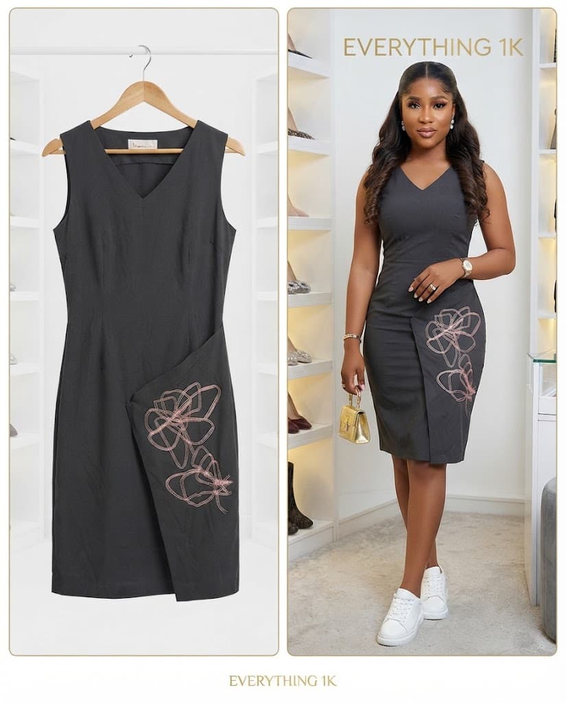 Black Floral Detail Wrap-Style casual Dress