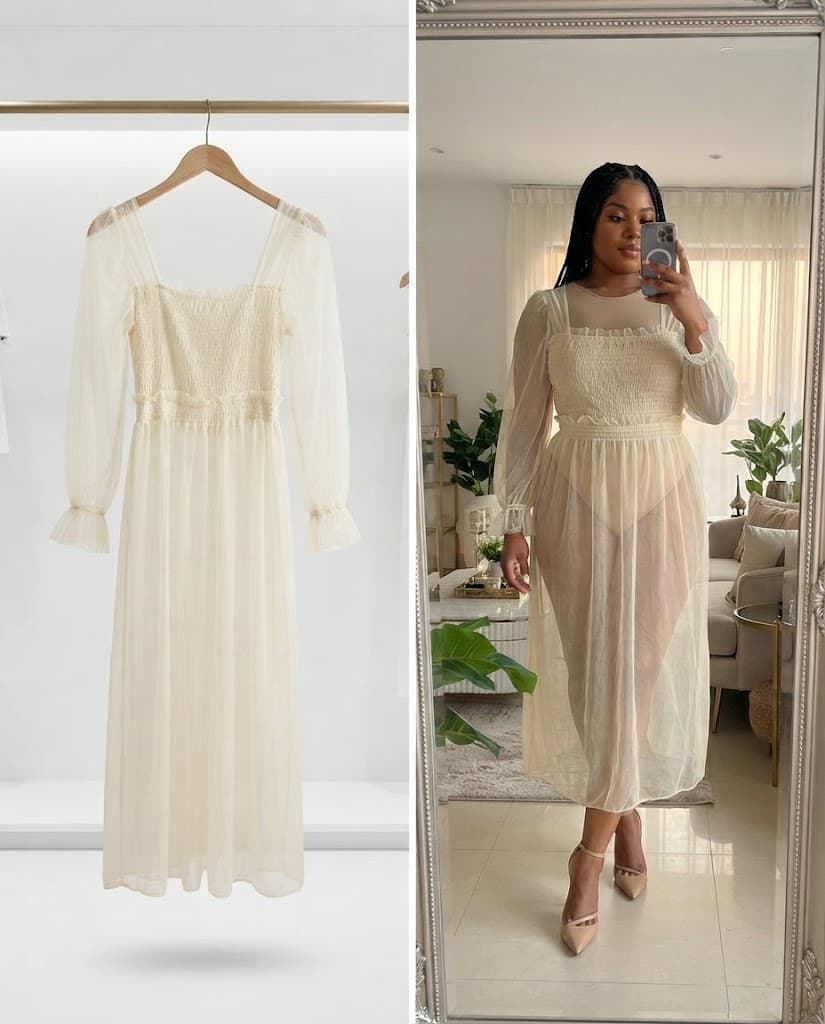 Cream Sheer Tulle Long-Sleeve Midi Dress