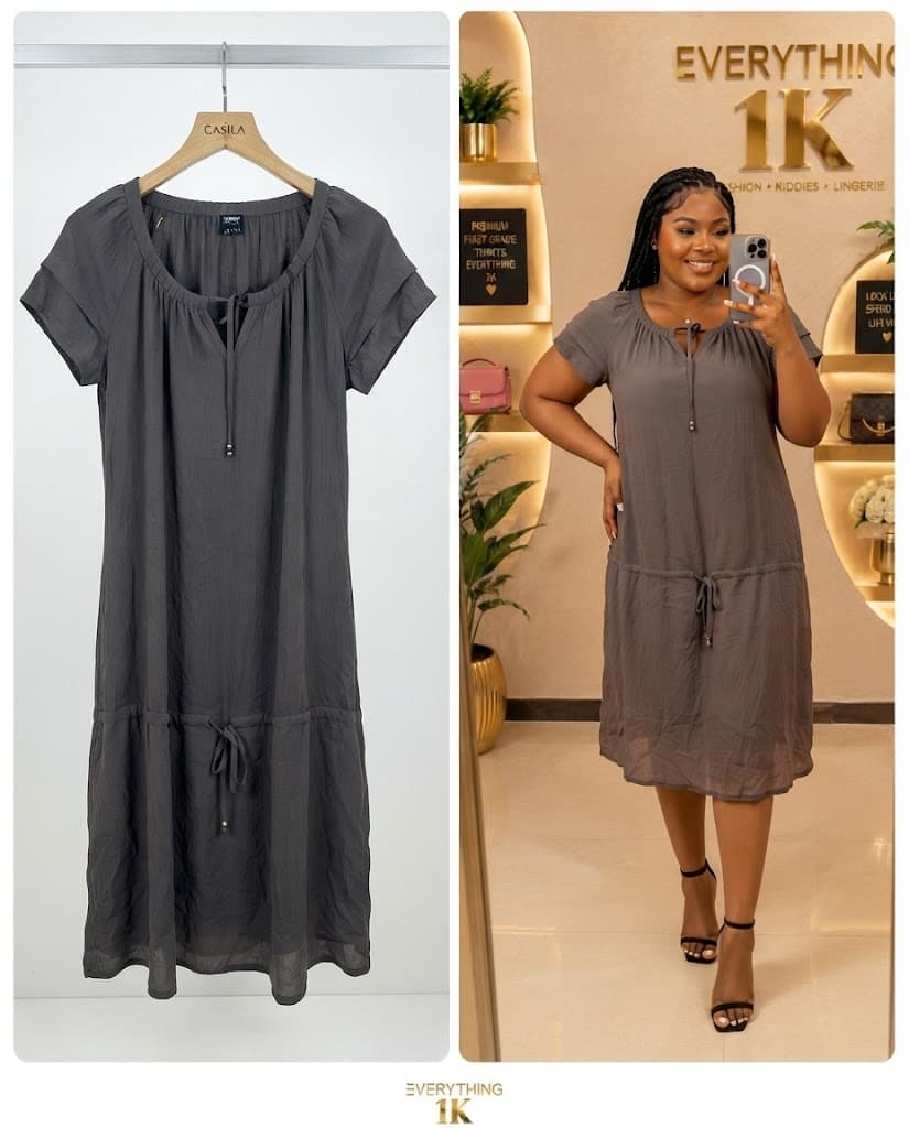 Charcoal Grey Short-Sleeve Drawstring Dress