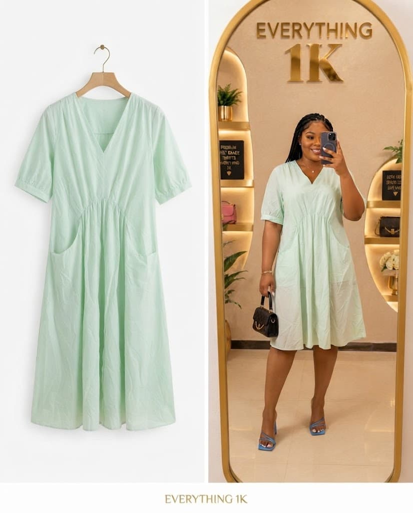 Mint Green V-Neck Midi Dress with Pockets