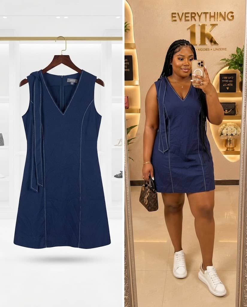 Navy Blue V-Neck Midi Jumper Dress with Contrast Stitching