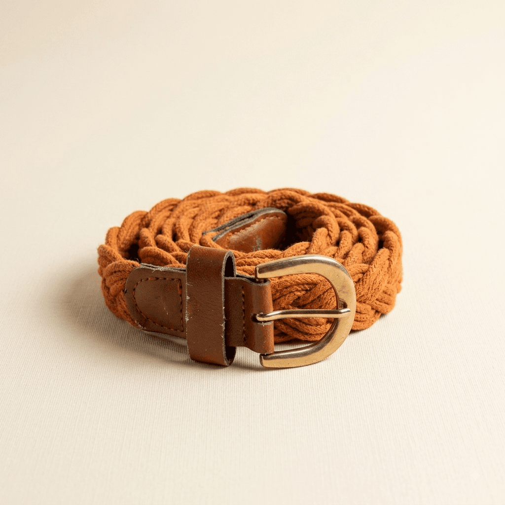 Orange Braided Woven Belt with Brown Leather Detail