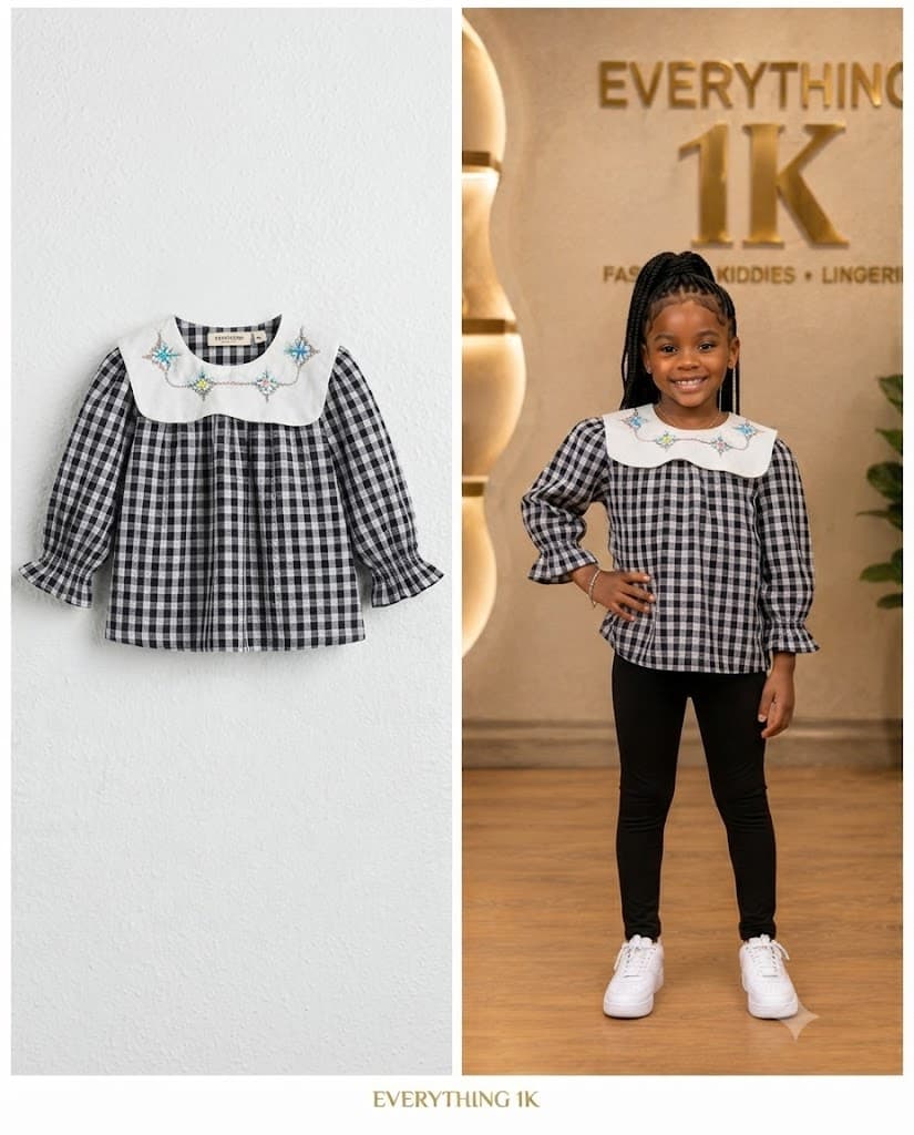Girls Black & White Gingham Embroidered Blouse 3-4 Years