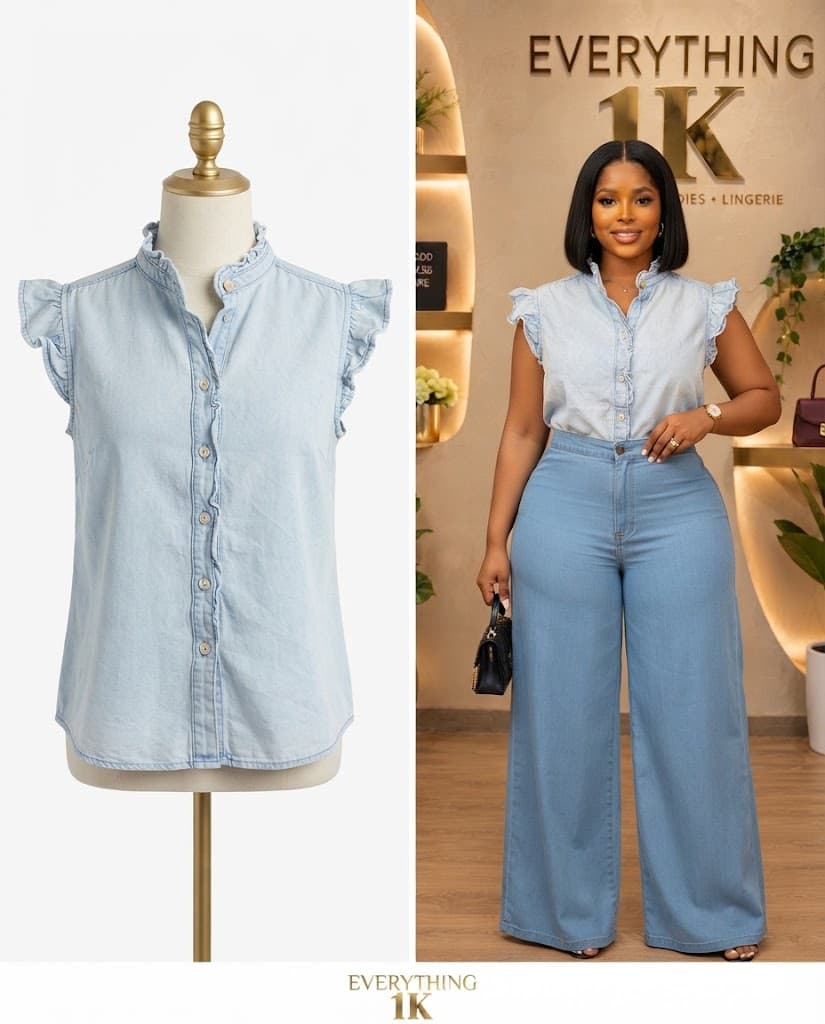 Light Blue Denim Ruffled Corporate Blouse