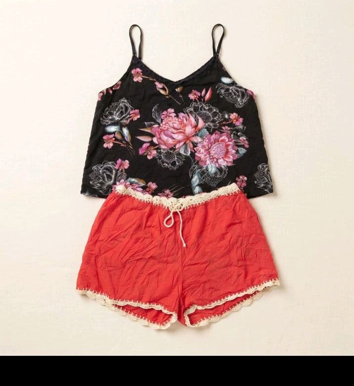 Black Floral Cami & Red Crochet-Trim Shorts Set