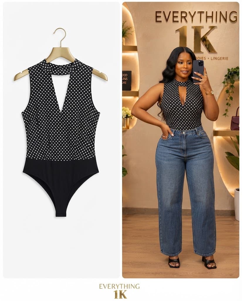 Casual Black and White Polka Dot Mock-Neck Bodysuit