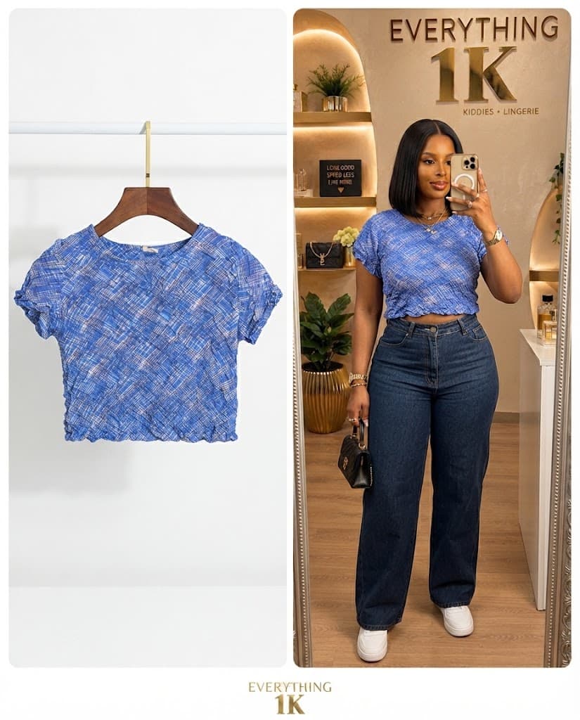 Casual Blue Textured Ruched Short-Sleeve Crop Top