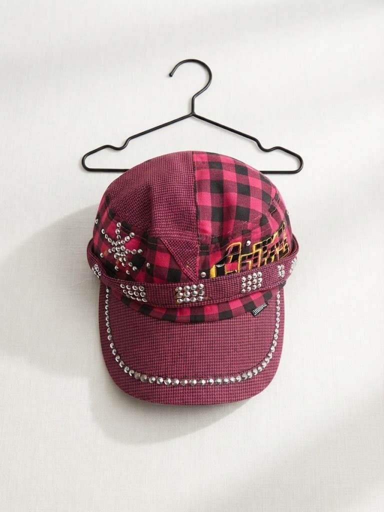Kids Burgundy Plaid and Houndstooth Rhinestone Cap