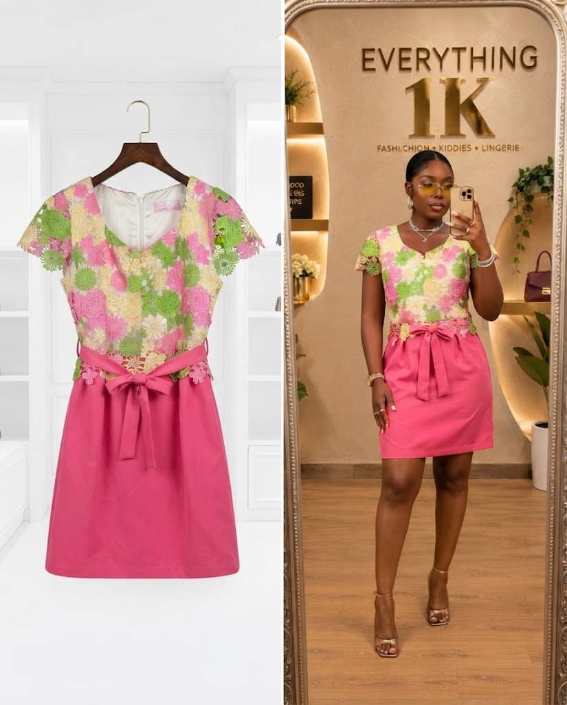 Pink Floral Embroidered Lace and Solid Mini Dress