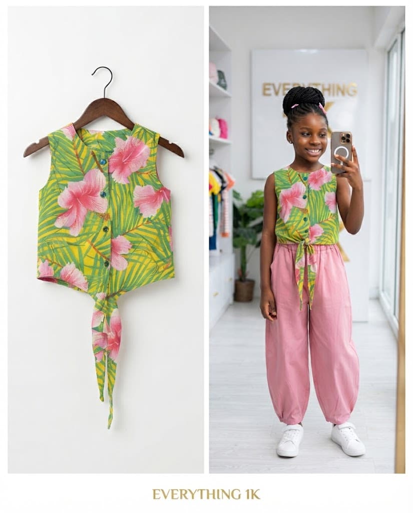 Pre-loved Tropical Floral Print Tie-Front Sleeveless Top 7-10 years