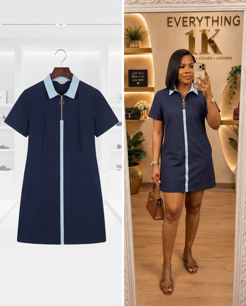 Navy Blue Contrast Collar Zip corporate Dress