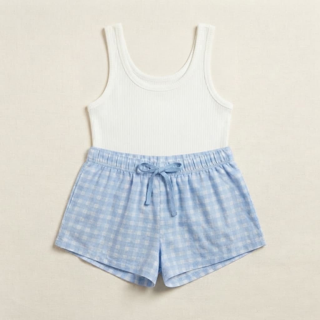 White Bandeau Top & Blue Gingham Pajama Shorts Set