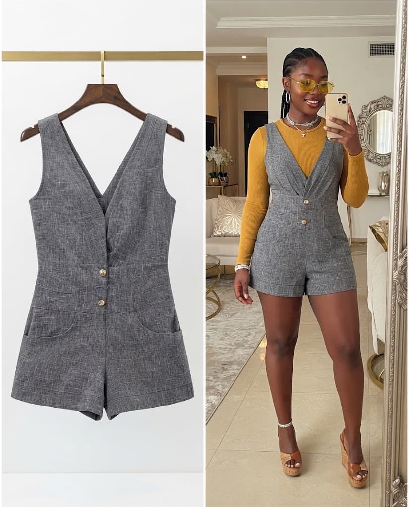 Charcoal Grey Grid-Check Button-Front Overall Shorts