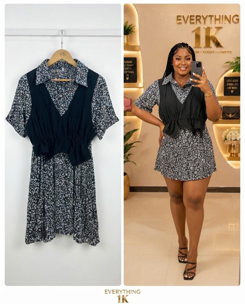 Black and White Floral Print Dress with V-Neck Vest Overlay