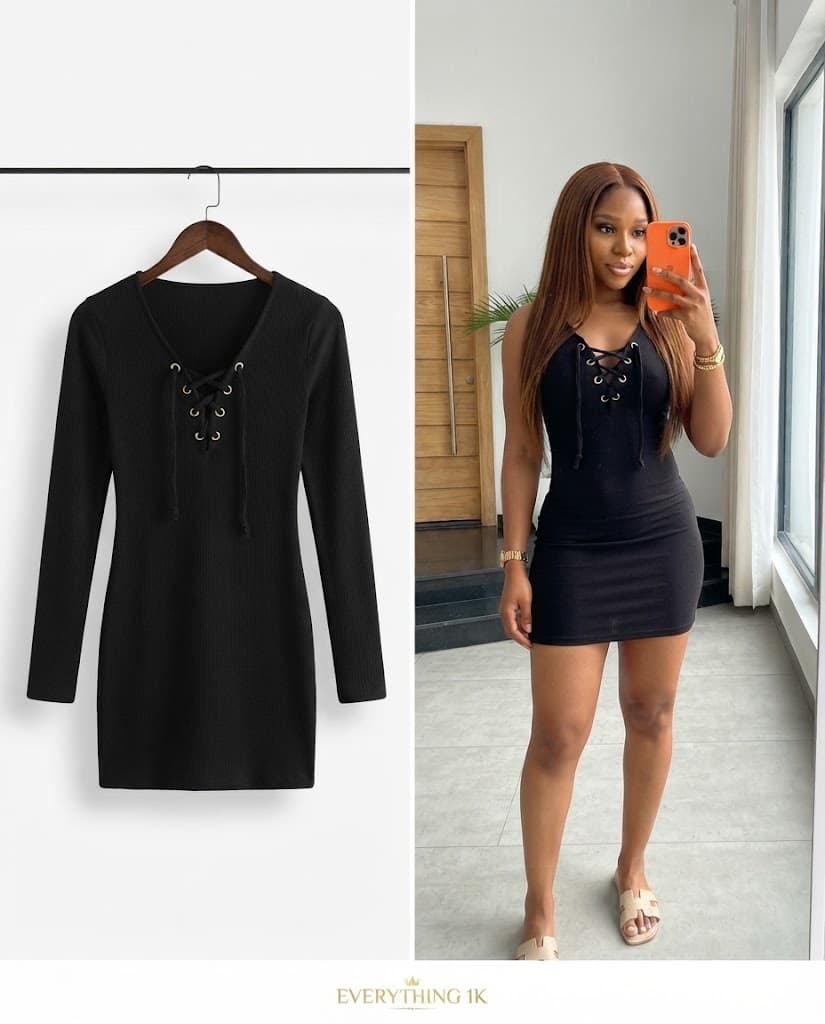 Black Lace-Up Ribbed Mini Dress/gown
