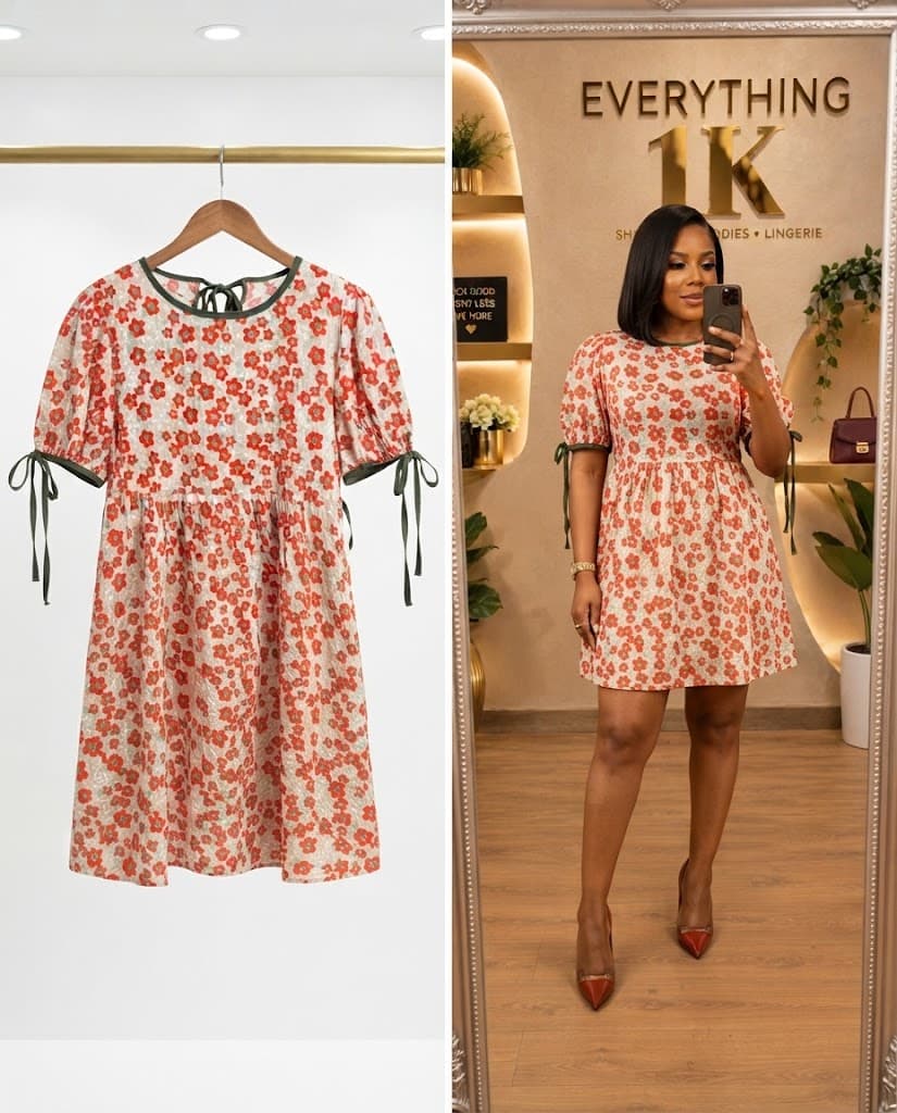Orange and White Floral Ruffle-Sleeve Shift Dress