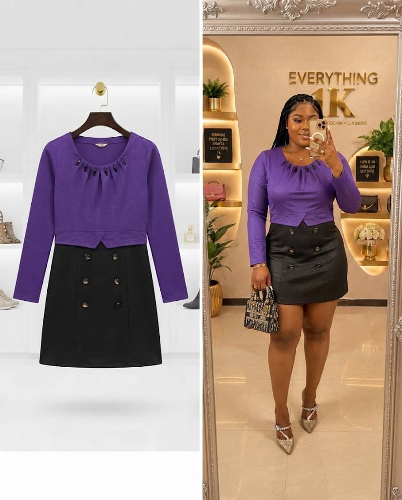 Purple Long-Sleeve Top with Black Double-Breasted Skirt Dress