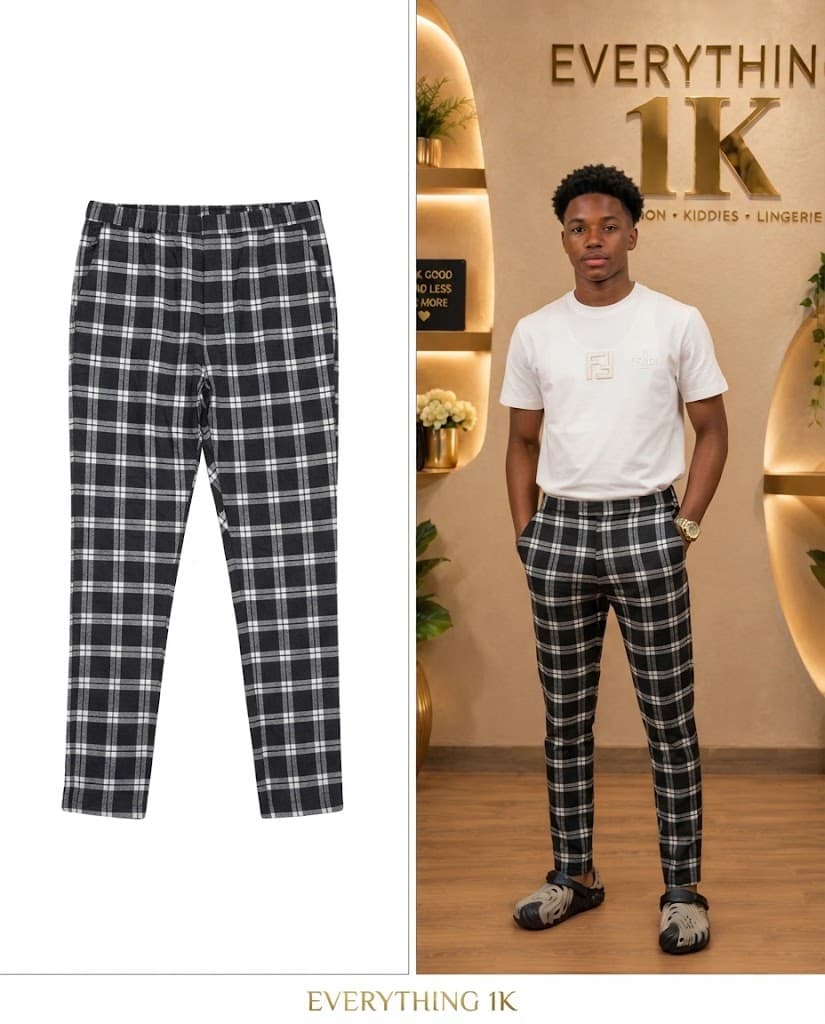 Black & White Plaid Men's Slim-Fit Trousers
