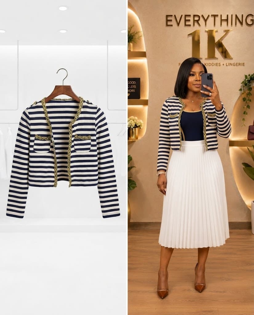 Striped Knit Cropped Cardigan with Gold Trim