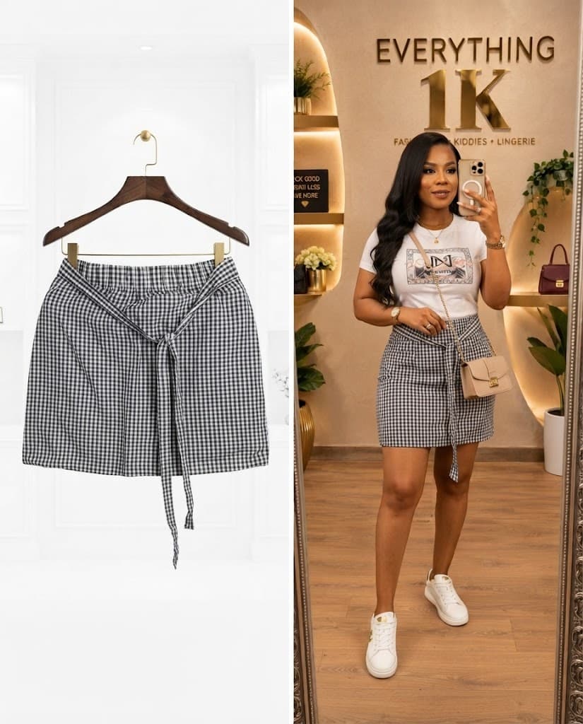 Black & White Gingham Tie-Belt Mini Skirt